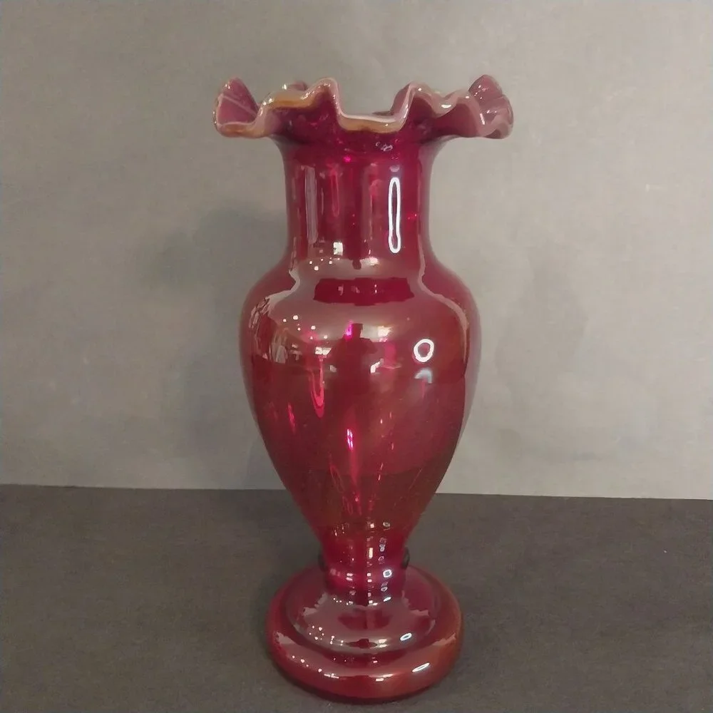 Ruby Red Amberina Glass Vase GLOWS Antique Vintage Ruffled Top